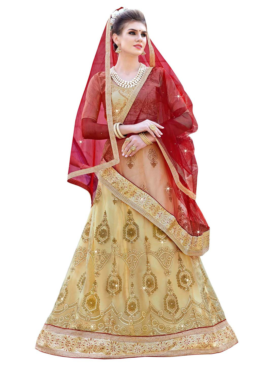 MANVAA Beige & Red Embroidered Thread Work Semi-Stitched Lehenga & Unstitched Blouse With Dupatta