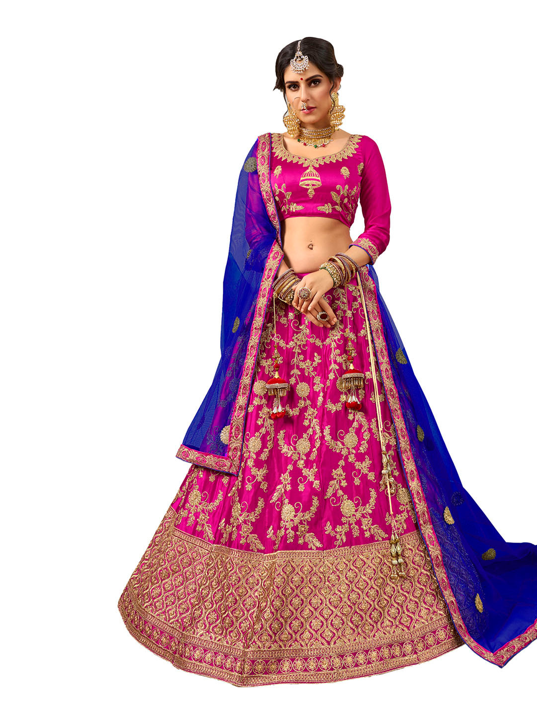 MANVAA Purple & Blue Embroidered Thread Work Semi-Stitched Lehenga & Unstitched Blouse With Dupatta