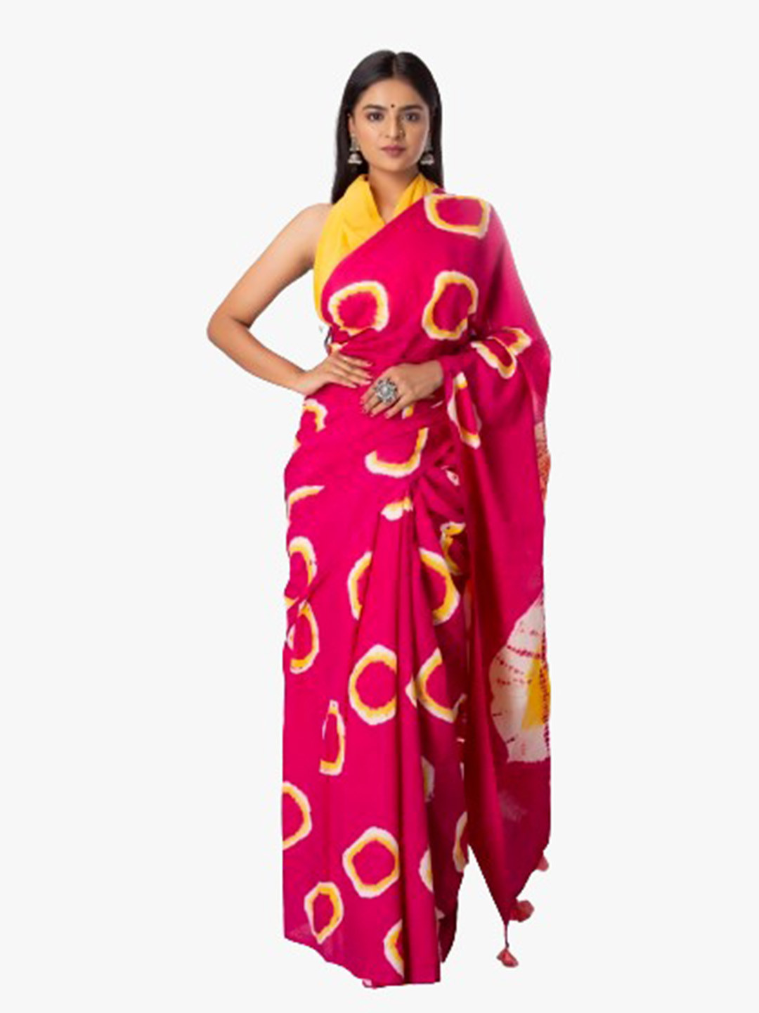 TROPWEAR Pink & White Bandhani Pure Cotton Block Print Saree