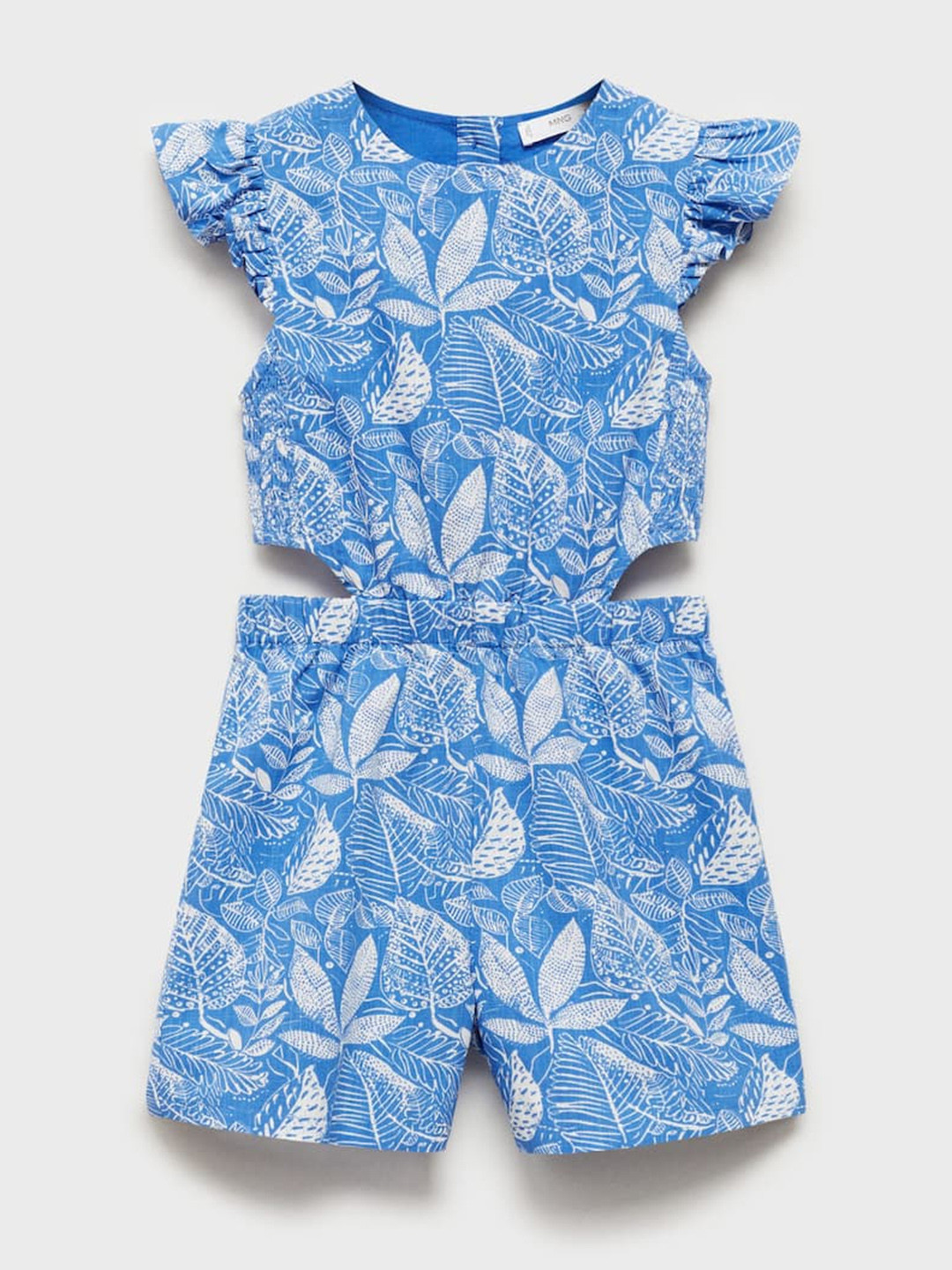 Mango Kids Girls Tropical Print Pure Cotton Ruffled  Jumpsuit With Cut-Out Detail