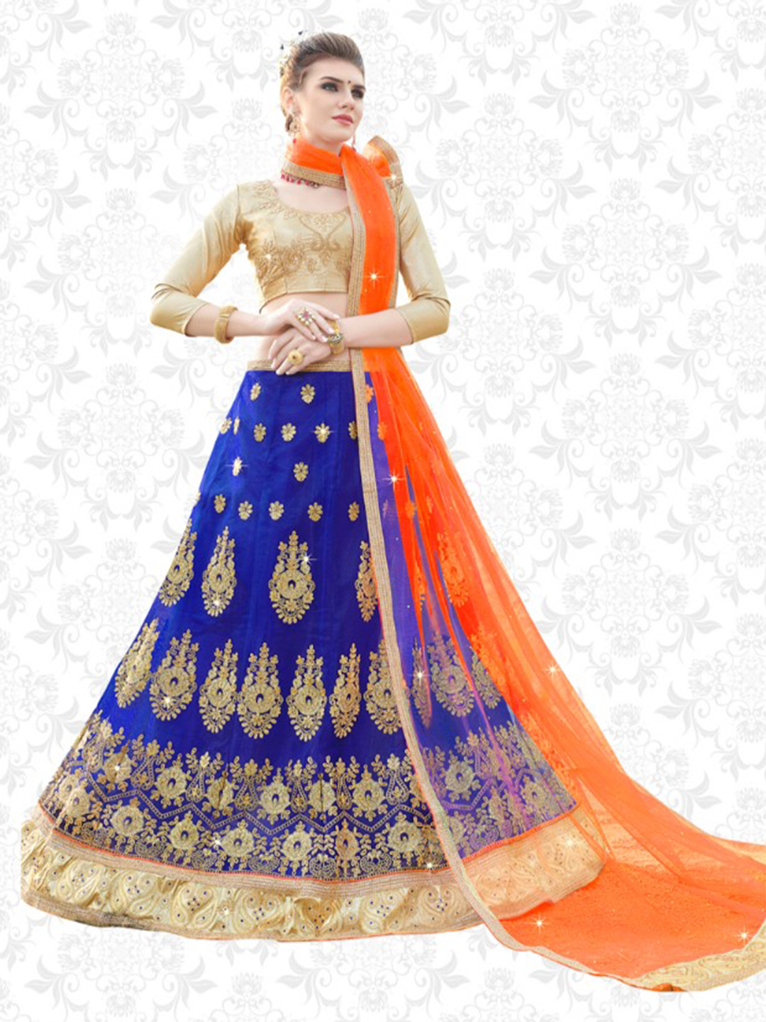 MANVAA Blue & Orange Embroidered Beads and Stones Semi-Stitched Lehenga & Unstitched Blouse With Dupatta