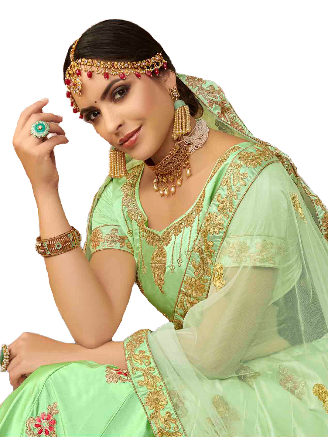 MANVAA Lime Green & Gold-Toned Embroidered Thread Work Semi-Stitched Lehenga & Unstitched Blouse With Dupatta