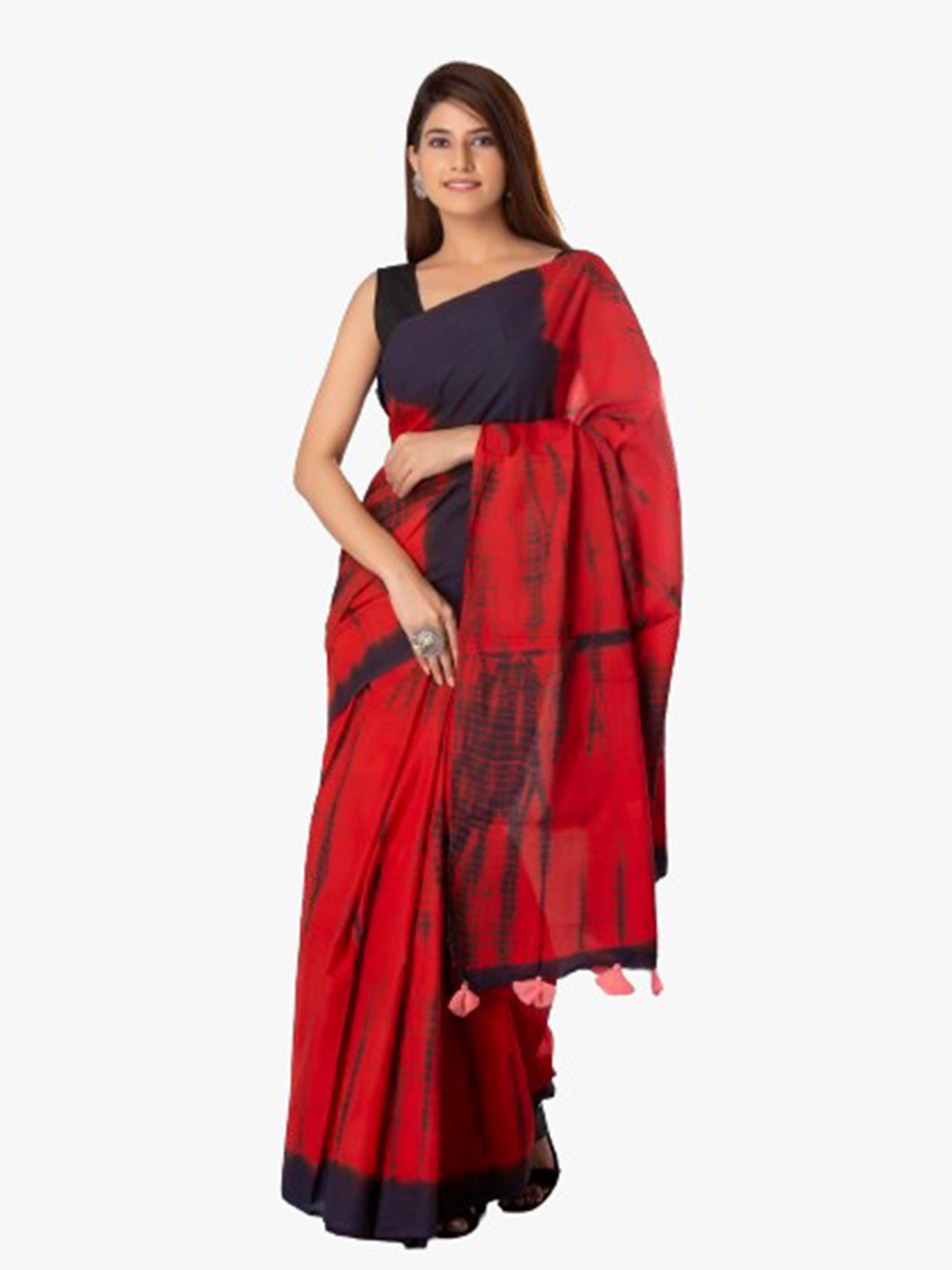 TROPWEAR Red & Black Tie and Dye Pure Cotton Block Print Saree