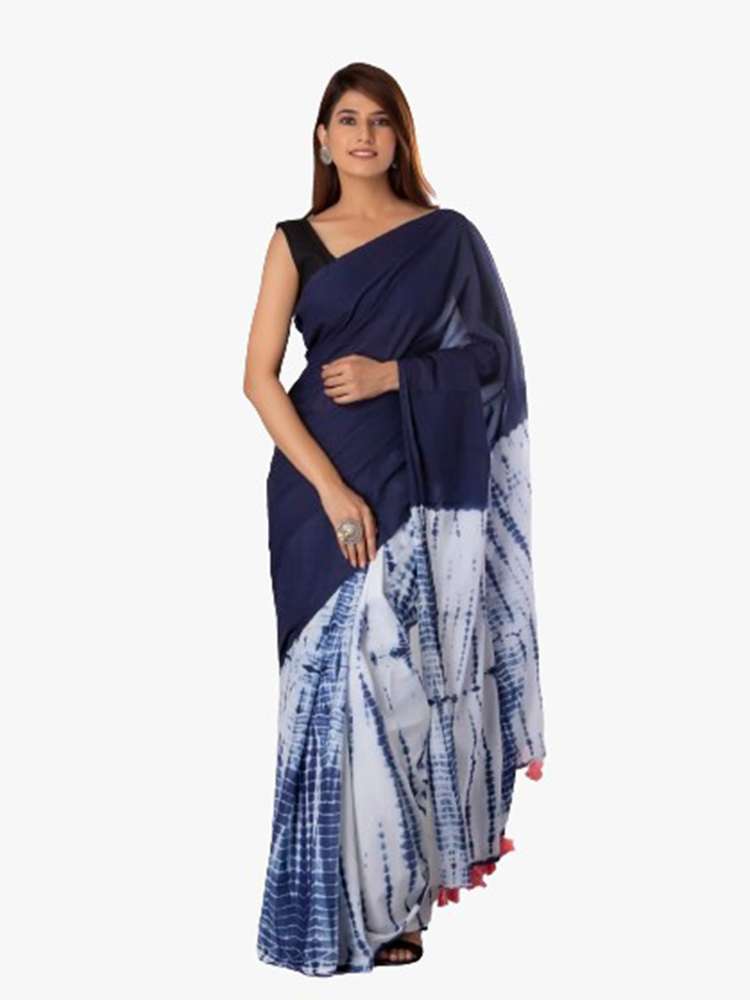 TROPWEAR Blue & White Tie and Dye Pure Cotton Block Print Saree
