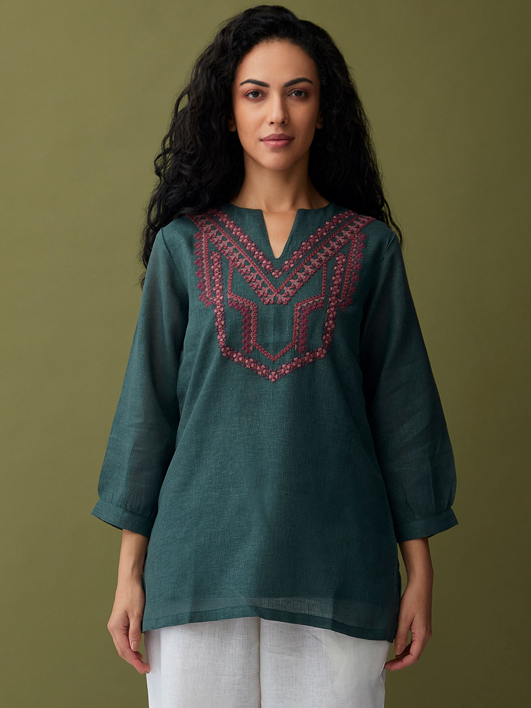 Bombay Bloom Olive Green & Pink Linen Embroidered Ethnic Tunic