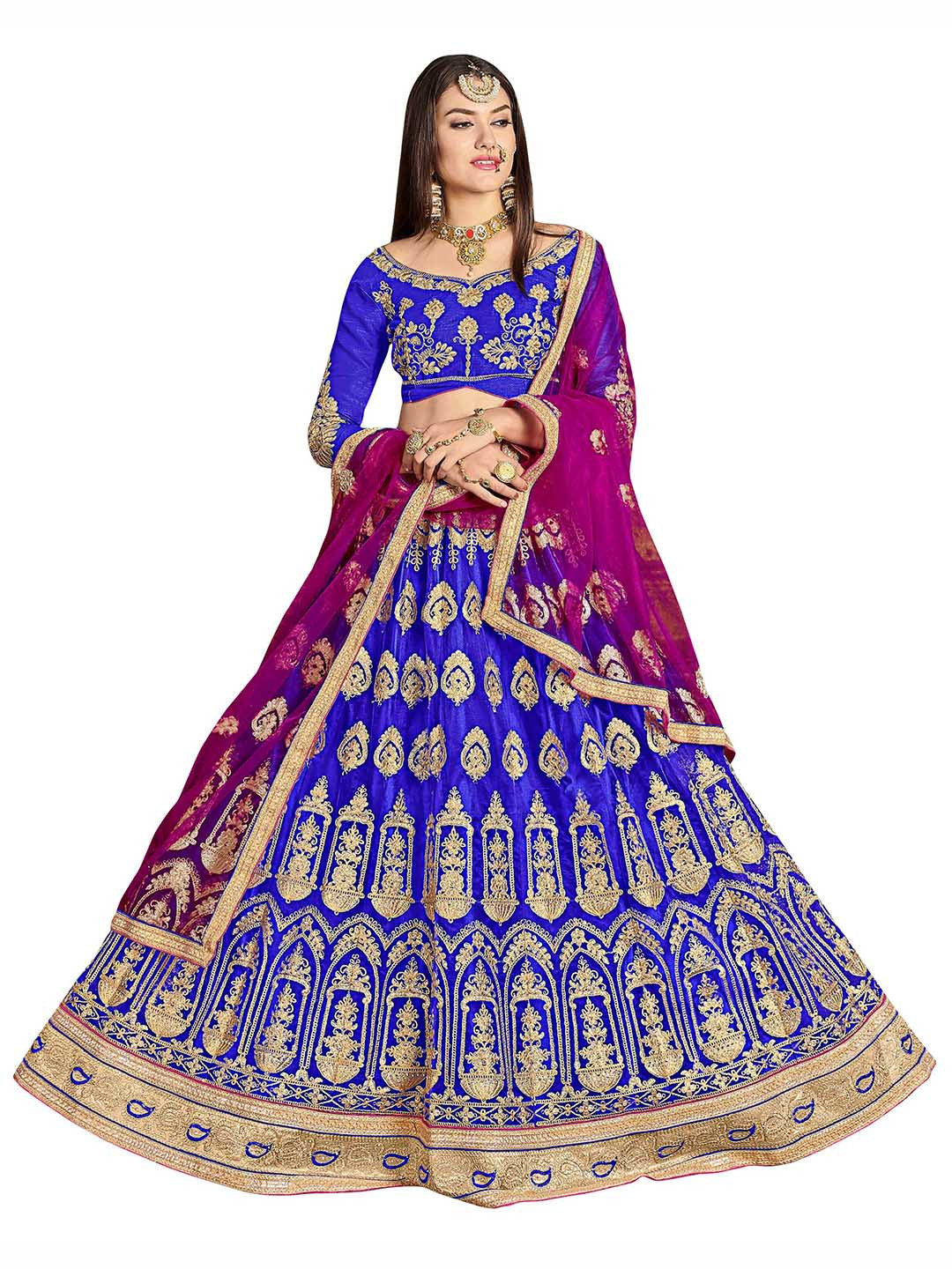 MANVAA Blue & Purple Embroidered Thread Work Semi-Stitched Lehenga & Unstitched Blouse With Dupatta