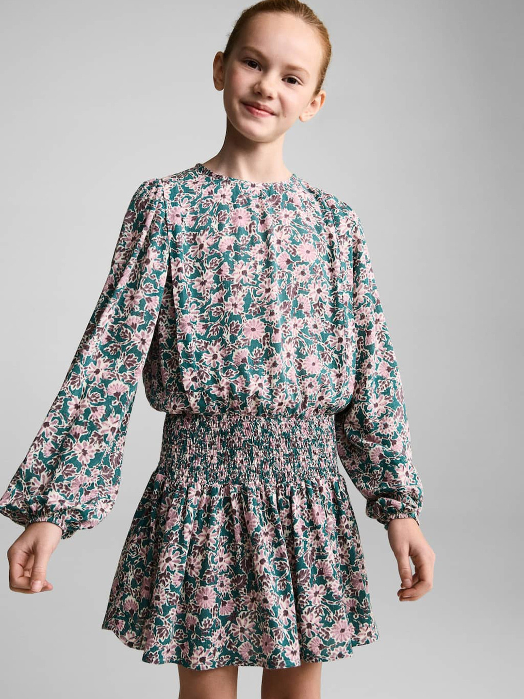 Mango Kids Girls Floral Print Puff Sleeve A-Line Dress