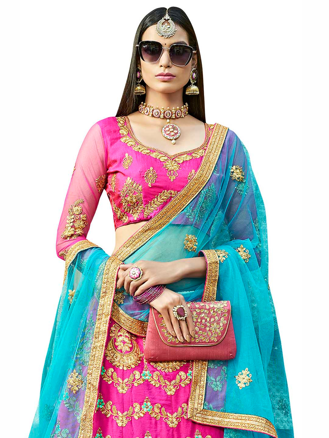 MANVAA Pink & Blue Embroidered Thread Work Kalamkari Semi-Stitched Lehenga & Unstitched Blouse With Dupatta