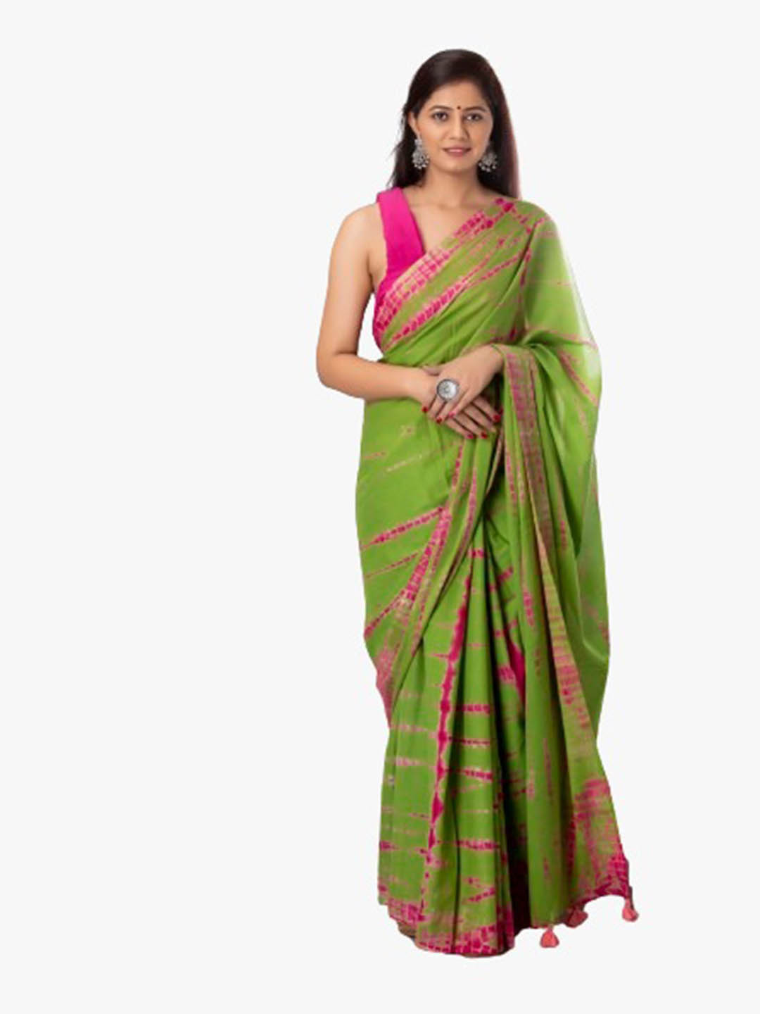 TROPWEAR Green & Pink Tie and Dye Pure Cotton Block Print Saree