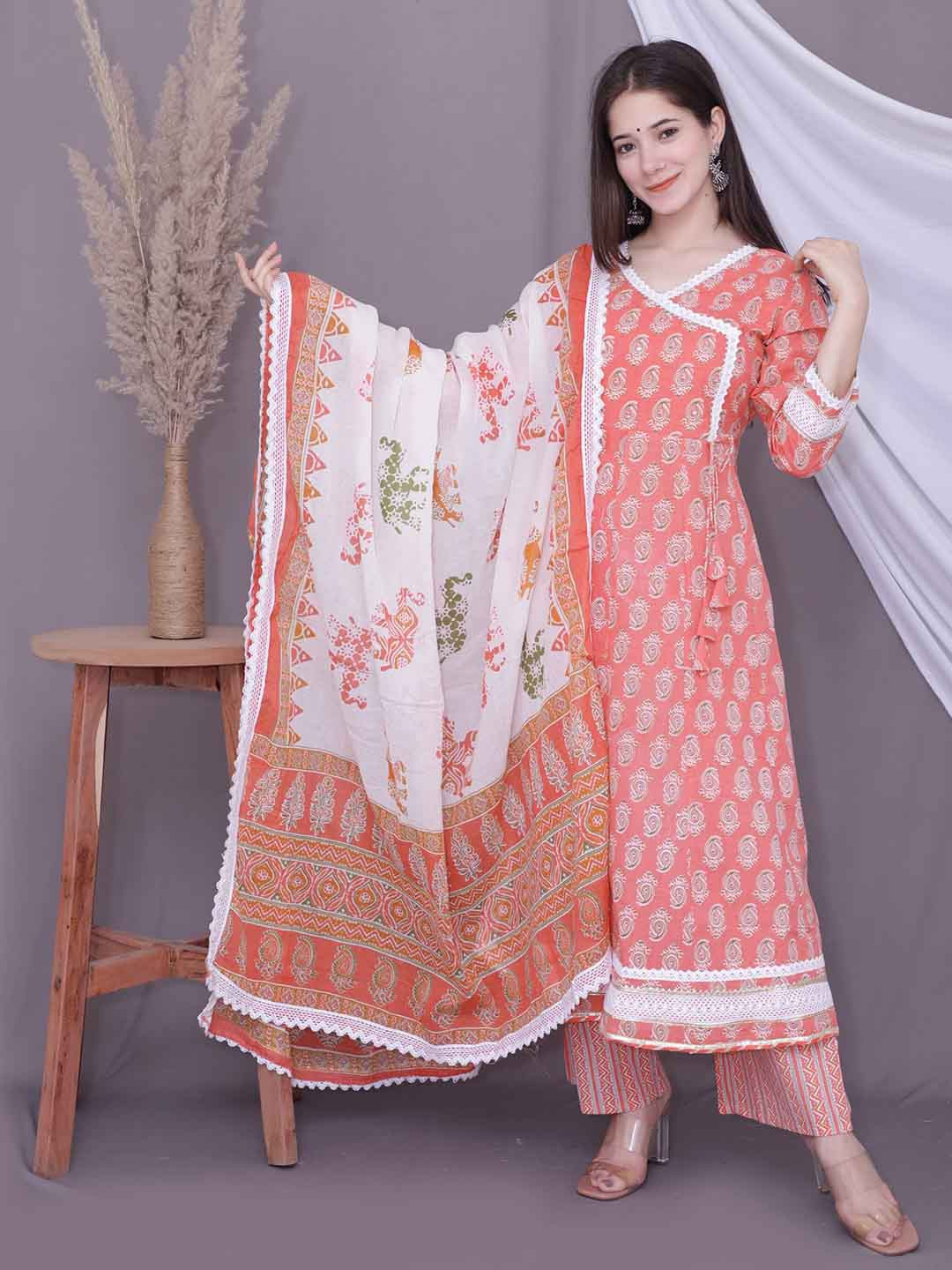 R RANAK CREATION Women Peach-Coloured Floral Printed Angrakha Pure Cotton Kurta with Palazzos & With Dupatta