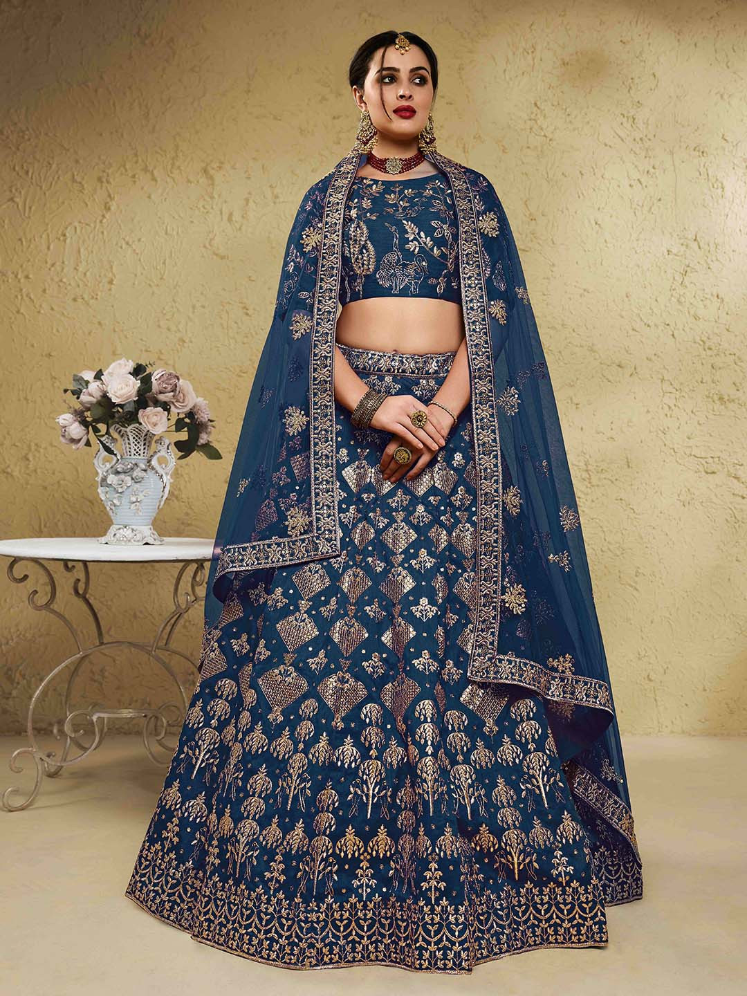 FABPIXEL Blue & Gold-Toned Embroidered Sequinned Semi-Stitched Lehenga & Unstitched Blouse With Dupatta