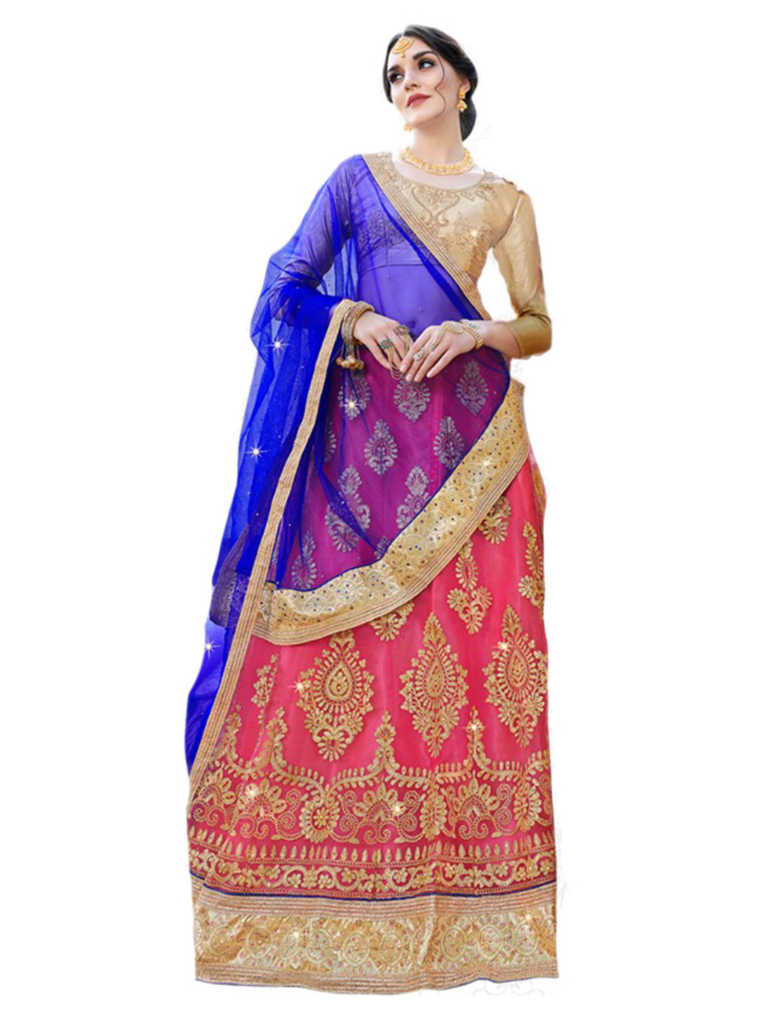 MANVAA Pink & Blue Embroidered Beads and Stones Semi-Stitched Lehenga & Unstitched Blouse With Dupatta