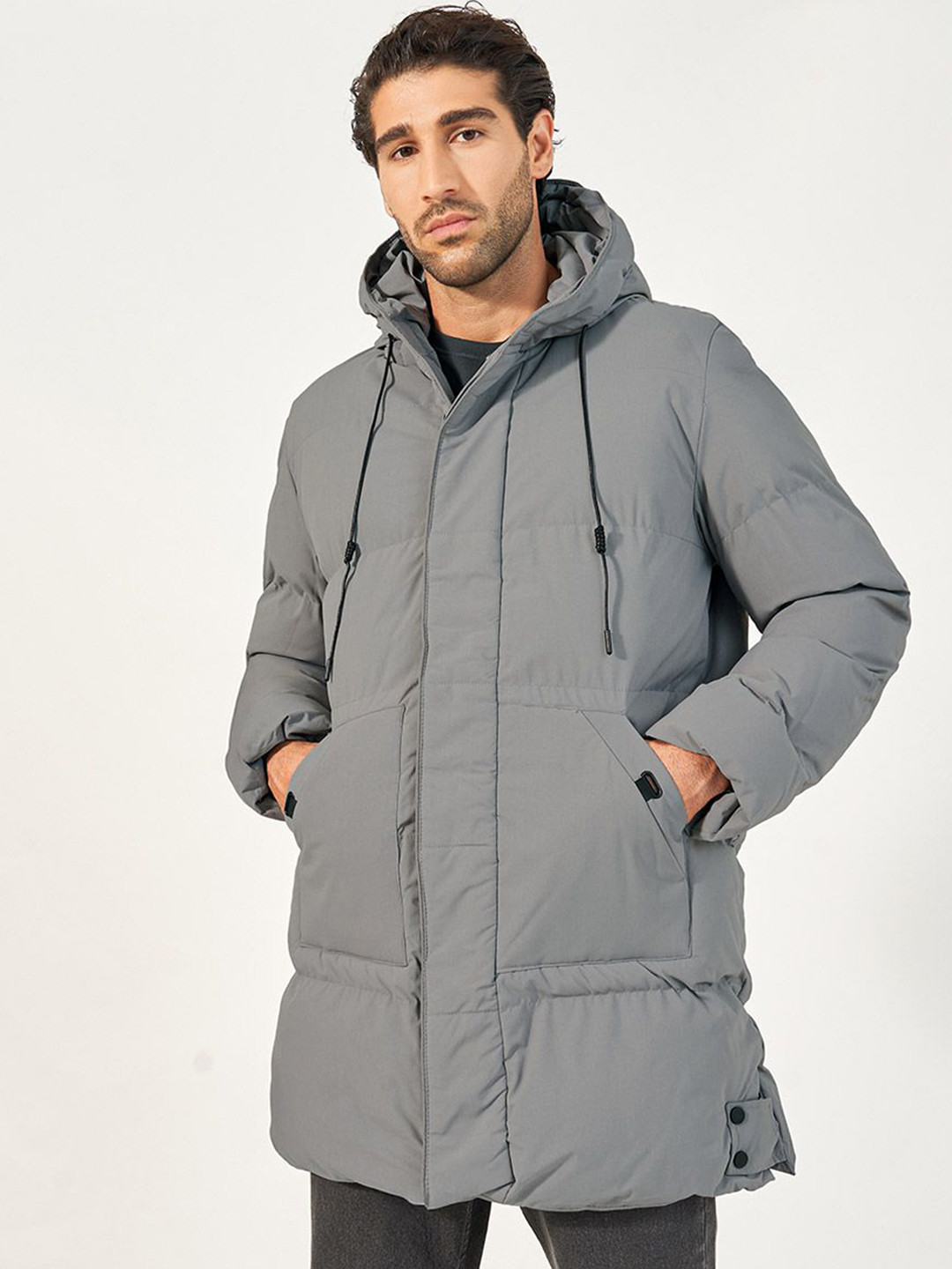 Styli Men Hooded Puffer Parka Jacket with Drawstring Tape Detail