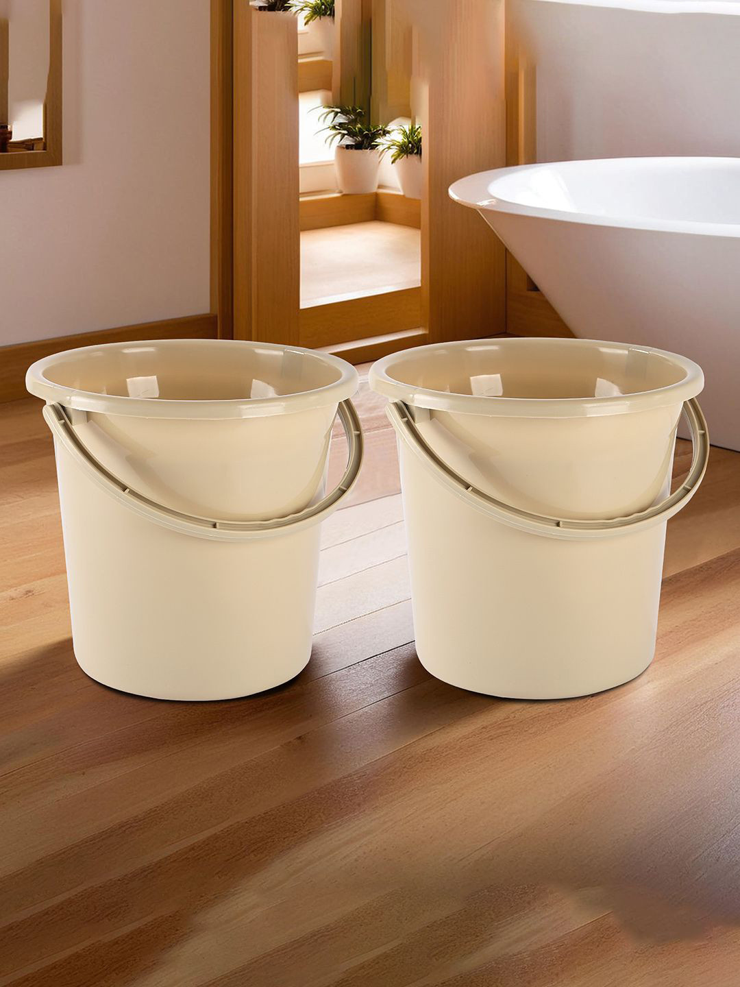 Kuber Industries Beige 2 Pieces Lightweight Buckets With Handles 18 L Each