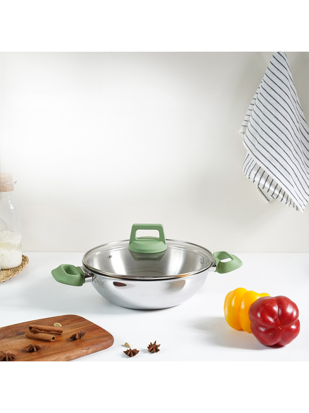 Kreme Silver toned & Green Stainless Steel Dishwasher Safe Kadhai With Lid