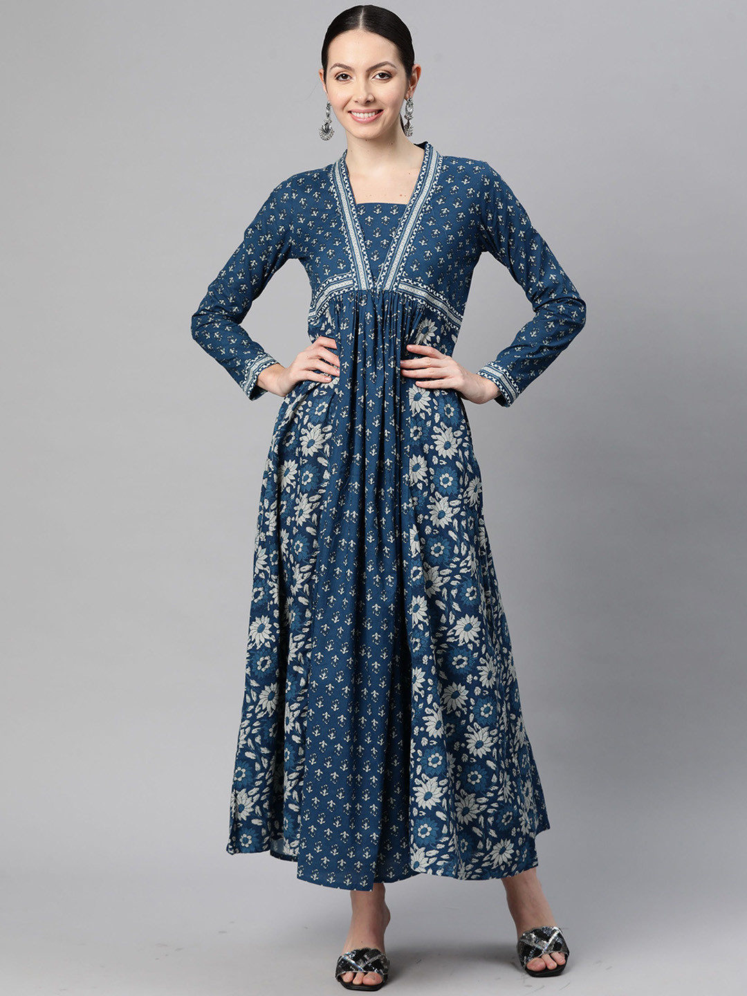 Vbuyz Floral Printed Square Neck Thread Work Cotton Anarkali Kurta