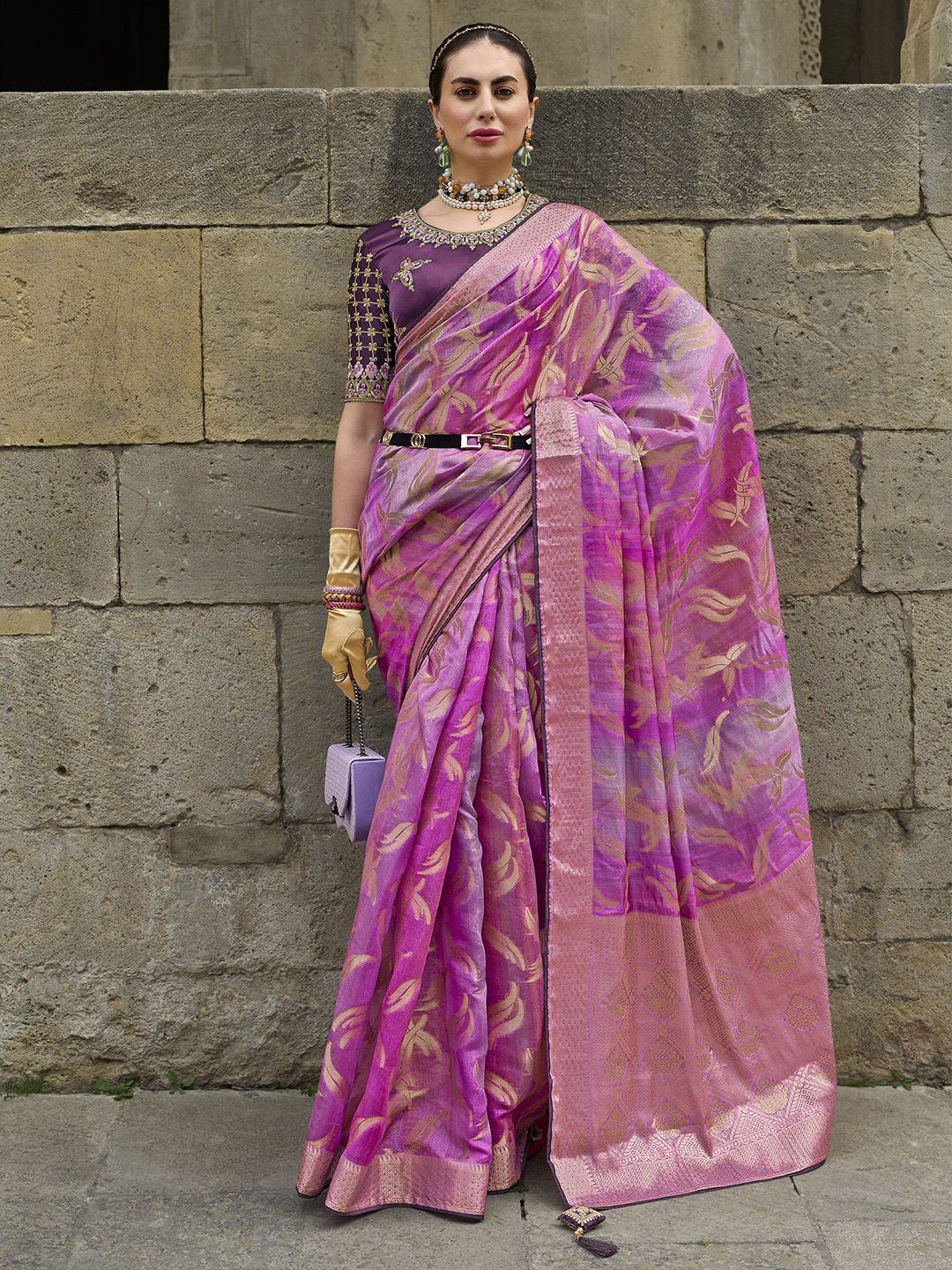 Anouk Woven Design Beads and Stones Brocade Banarasi Saree