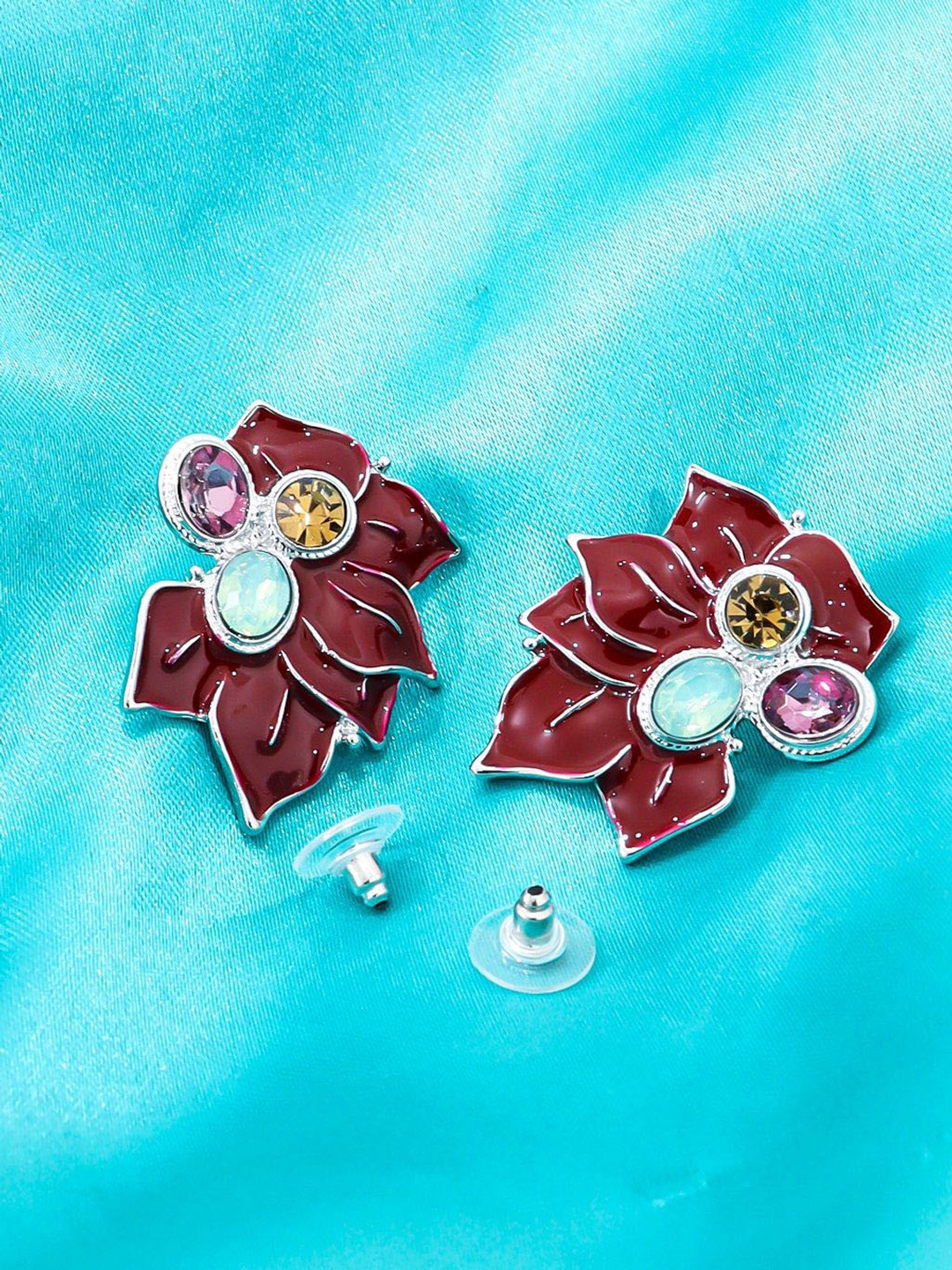 FIMBUL Silver-Plated Stainless Steel Matte Resin Floral Rhinestone Acrylic Petal Studs