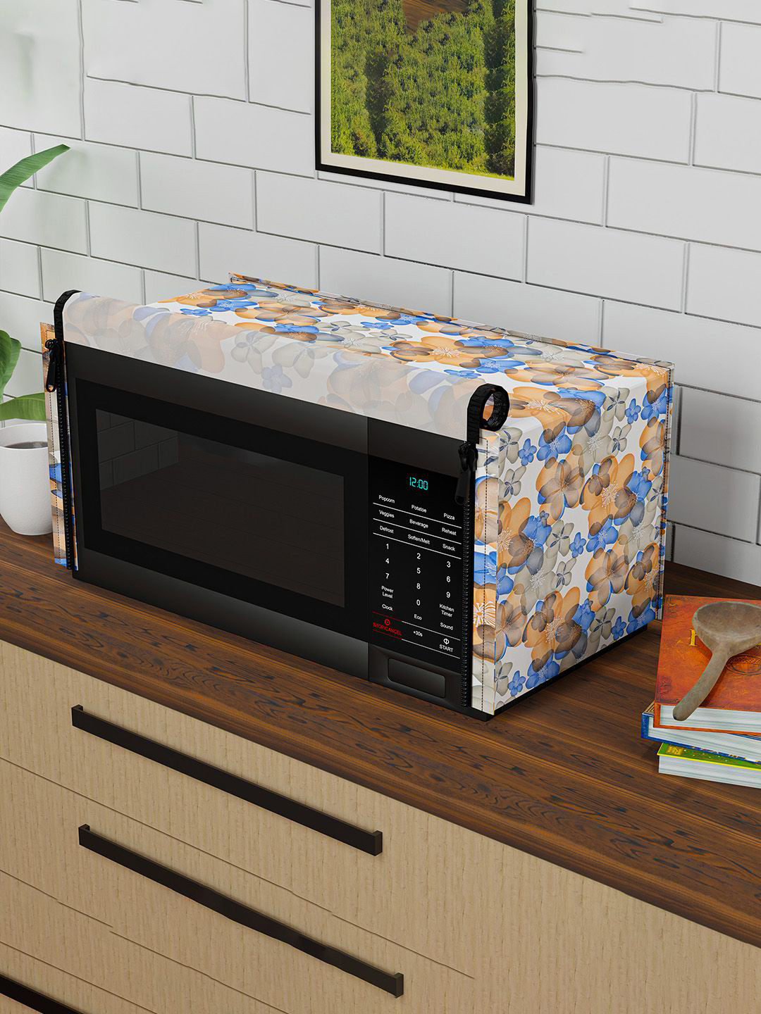 Kuber Industries White & Blue Printed Dust Proof Microwave cover