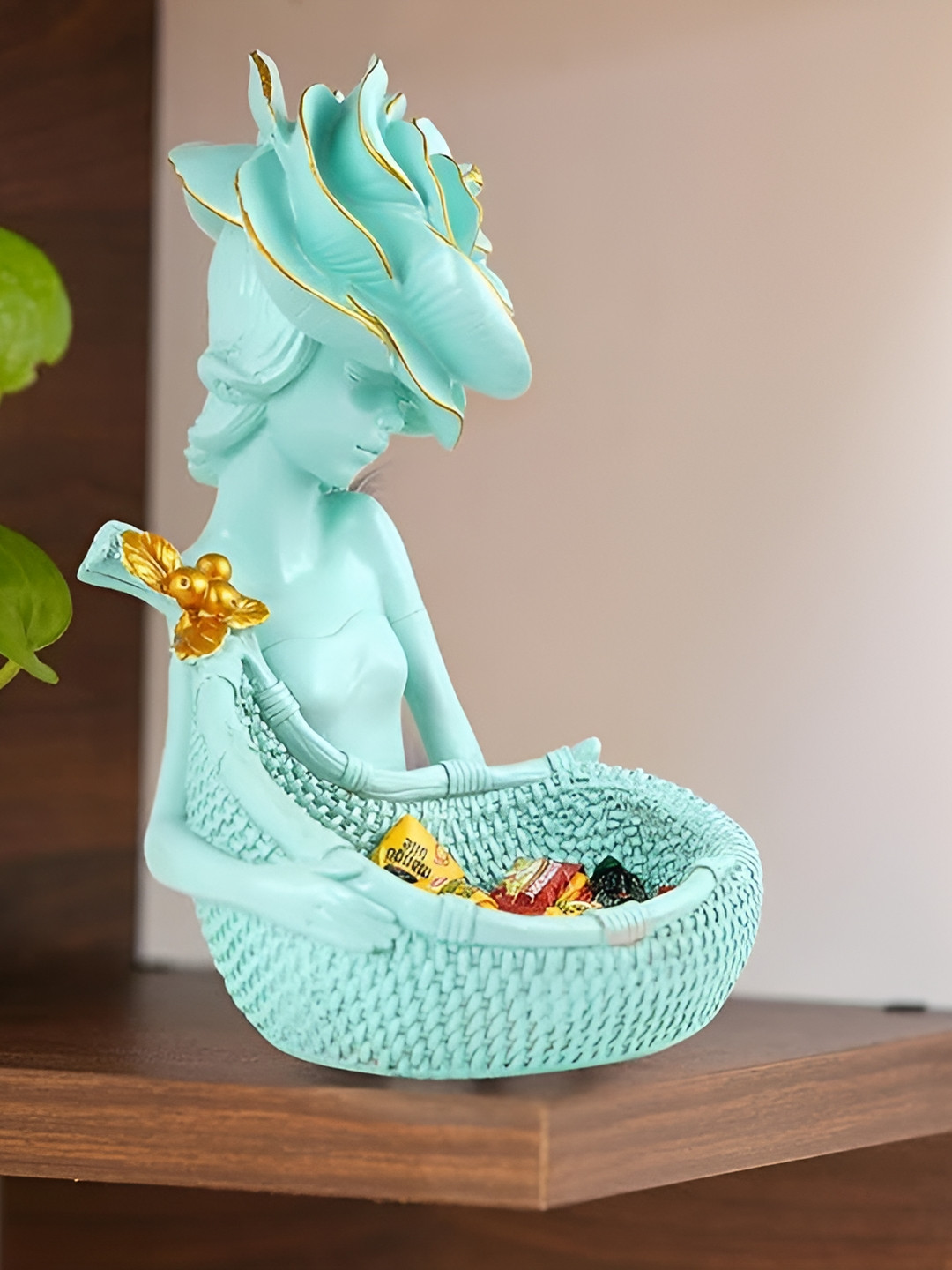 Zart Lady with Basket Green Polyresin Natural Living Room Medium Showpiece - 10 Inches