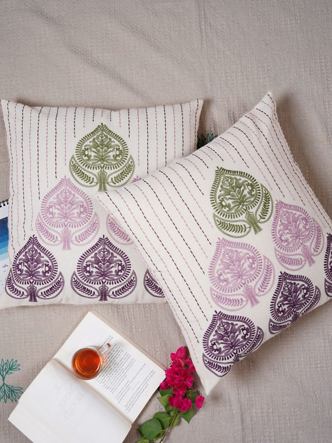 Ratan Cart Embroidery Ethnic Motifs Cotton 2 Pcs Embroidered Cushion Covers -18x18In