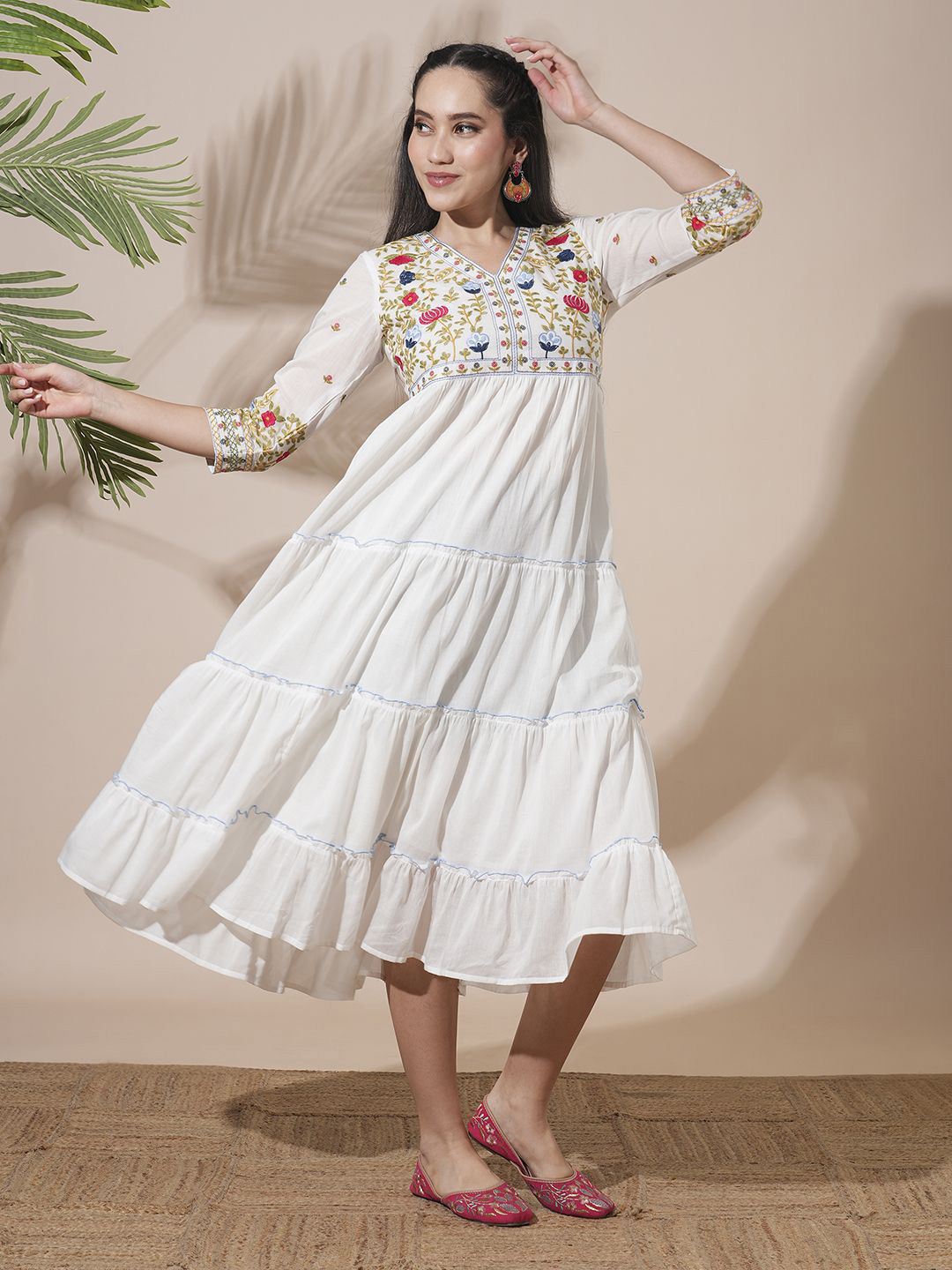 Globus Floral Embroidered V-Neck Gathered & Tiered A-Line Midi Festive Dress