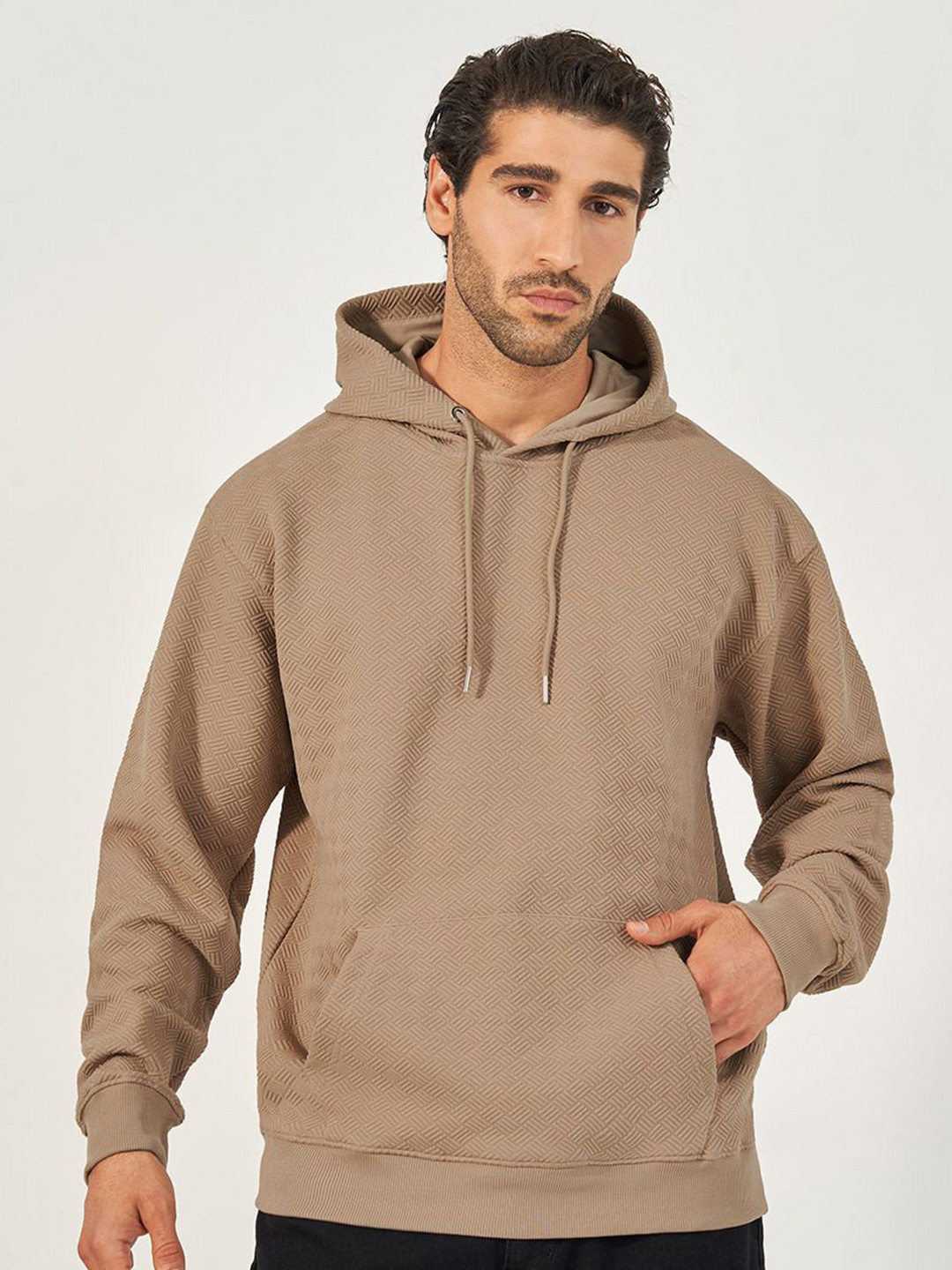 Styli Men Geo Patterned Relaxed Fit Hoodie with Kangaroo Pocket