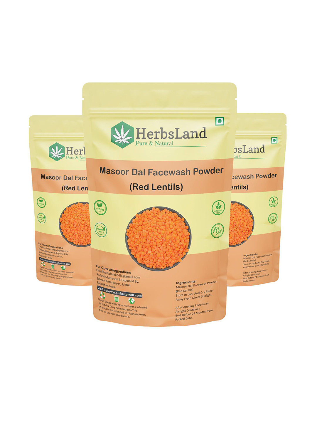 HerbsLand Set Of 3 Masoor Dal Deep Cleansing & Skin Glowing Face Wash Powder - 100 g Each