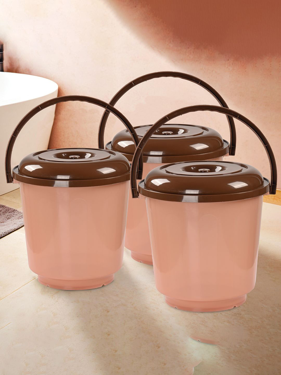 Kuber Industries Peach-Coloured & Brown 3 Pieces Bathroom Buckets-13 L