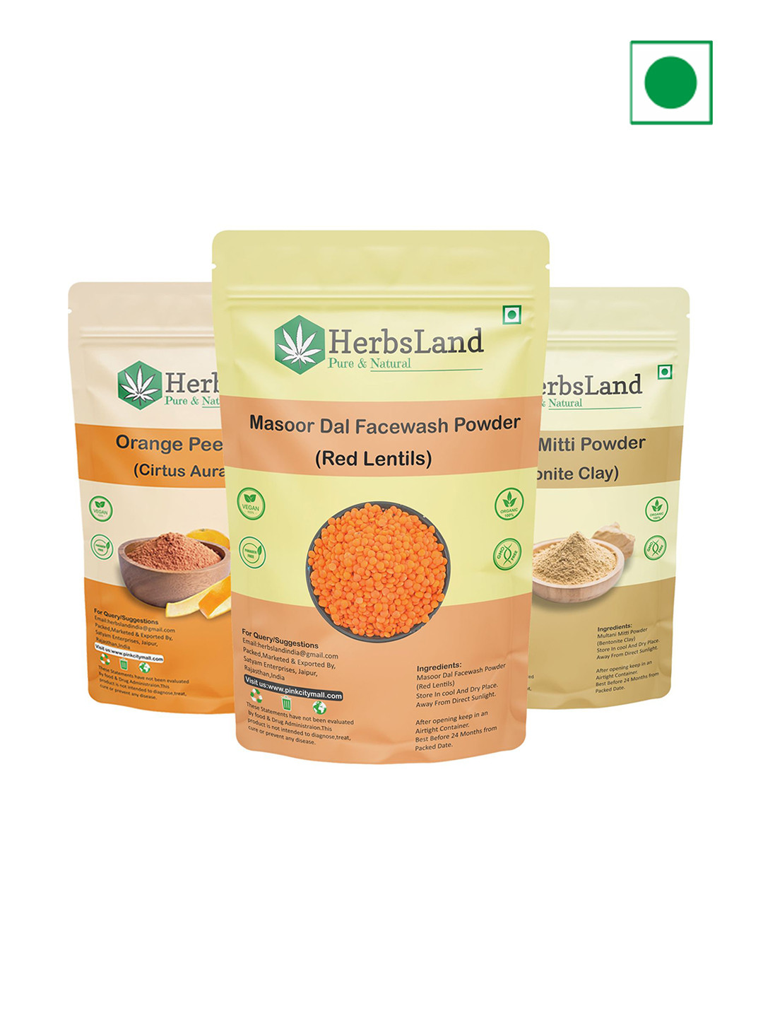 HerbsLand Set Of 3 Masoor- Multani & Orange Peel Face Pack Powder- 150 g Each