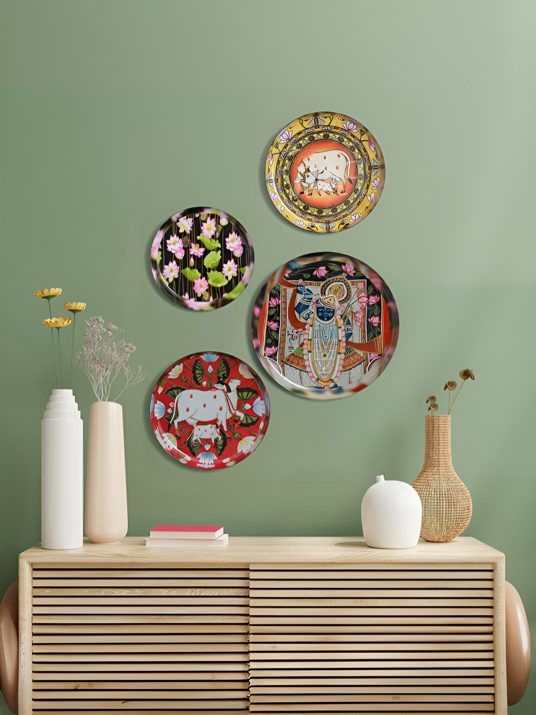 Homspurts Divine Reflections Red & Blue 4 Pieces Lord Krishna & Floral Printed Wall Arts