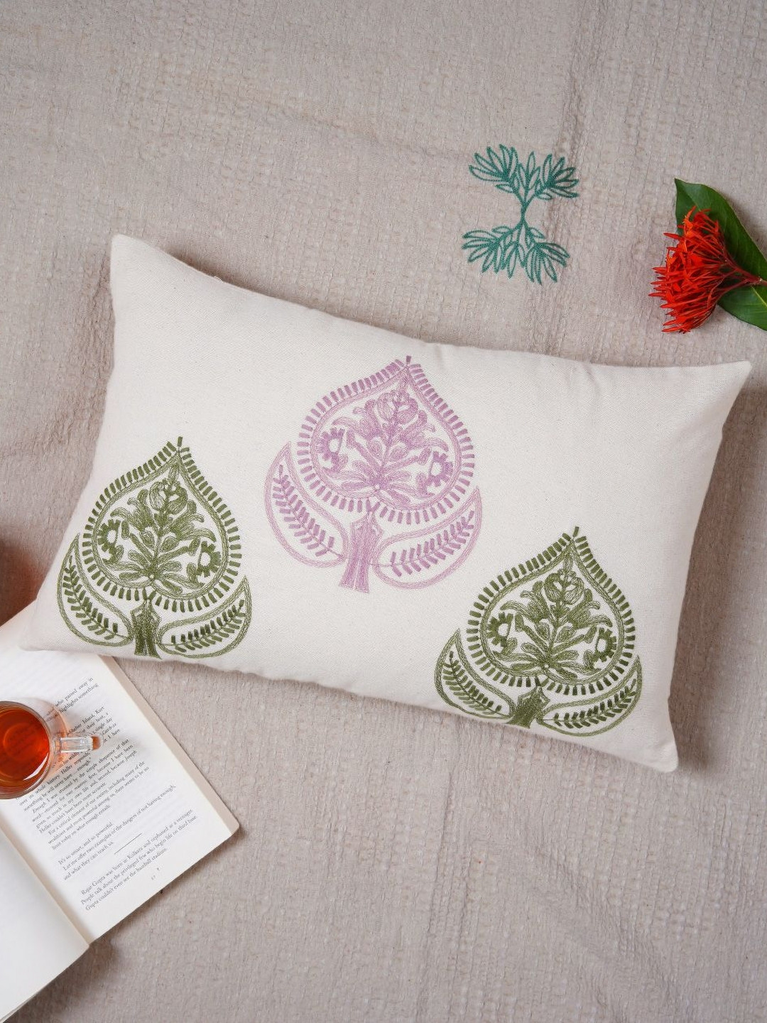 Ratan Cart White & Green Embroidered Rectangle Cushion Cover