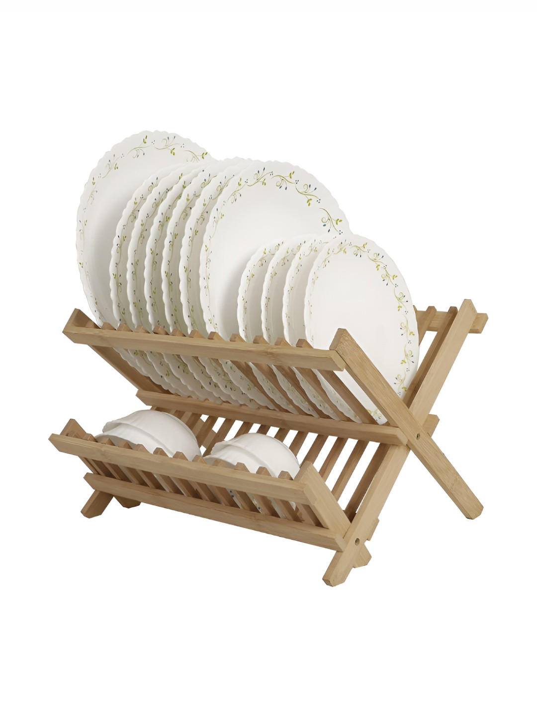 HOKIPO Beige Folding 2-Tier Bamboo Plate Stand
