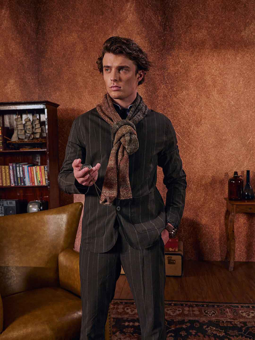 RARE RABBIT Men Washed Striped Biker Jacket with Patchwork