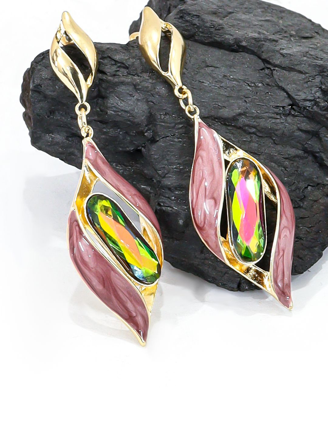 Krelin Gold-Plated Stainless Steel Rhinestone Twisted Cage Design Drop Earrings