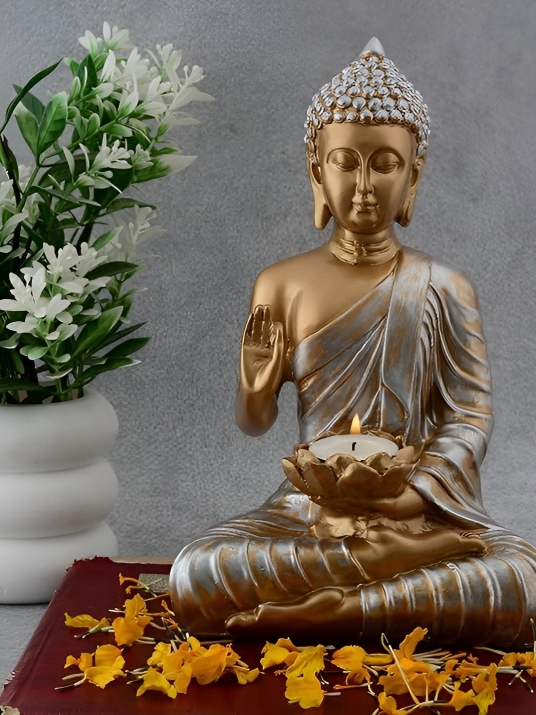 Zart Candal Buddha Gold Polyresin Natural Living Room Medium Showpiece - 10.5 Inches