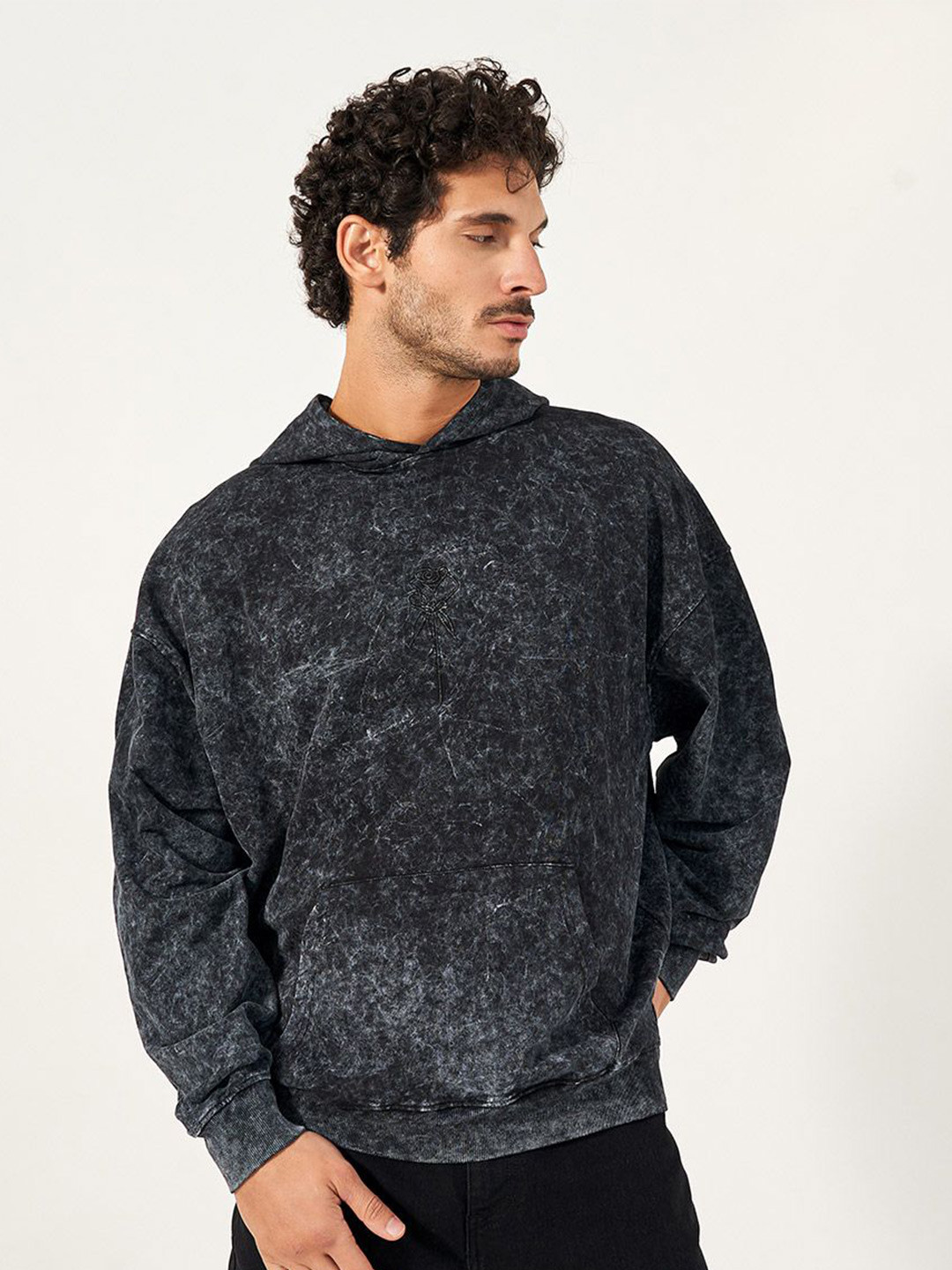 Styli Men Acid Washed Oversized Fit Embroidered Hoodie