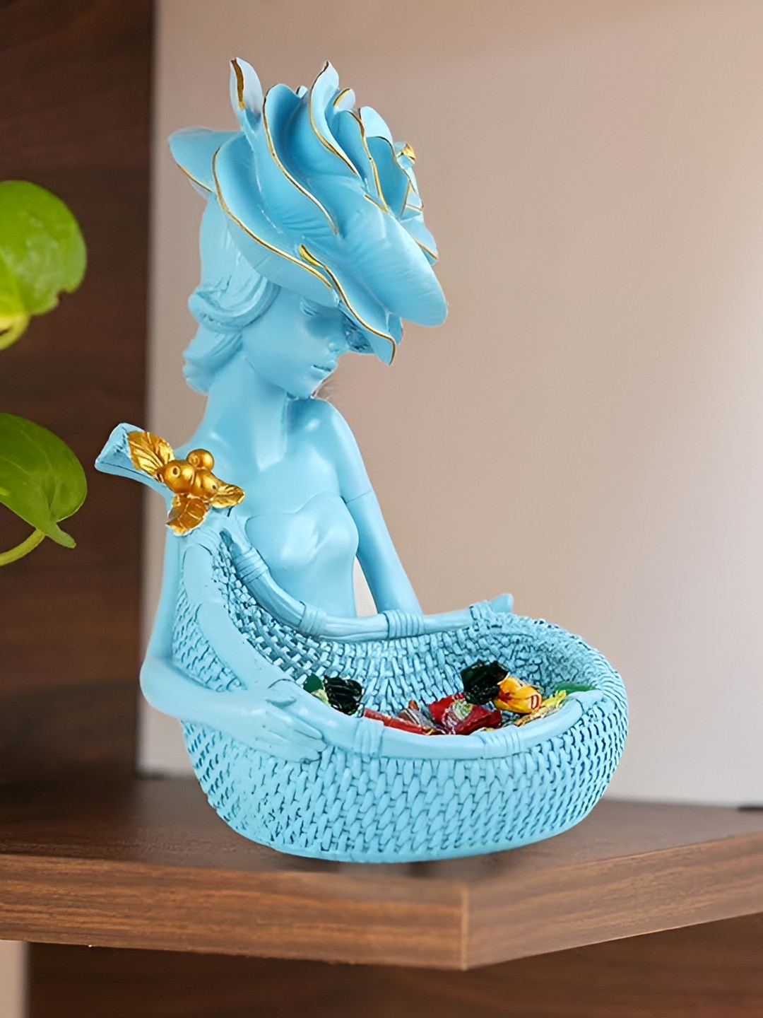 Zart Lady with Basket Blue Polyresin Matte Living Room Medium Showpiece - 10 Inches