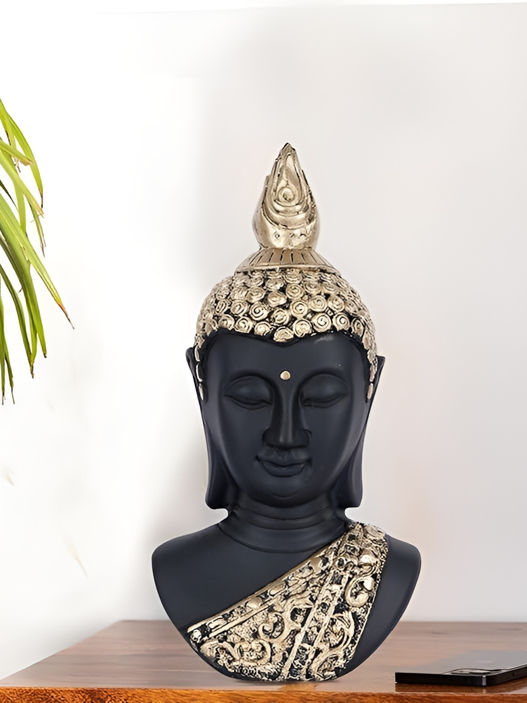 Zart Buddha Head Black Polyresin Glossy Living Room Medium Showpiece - 10 Inches