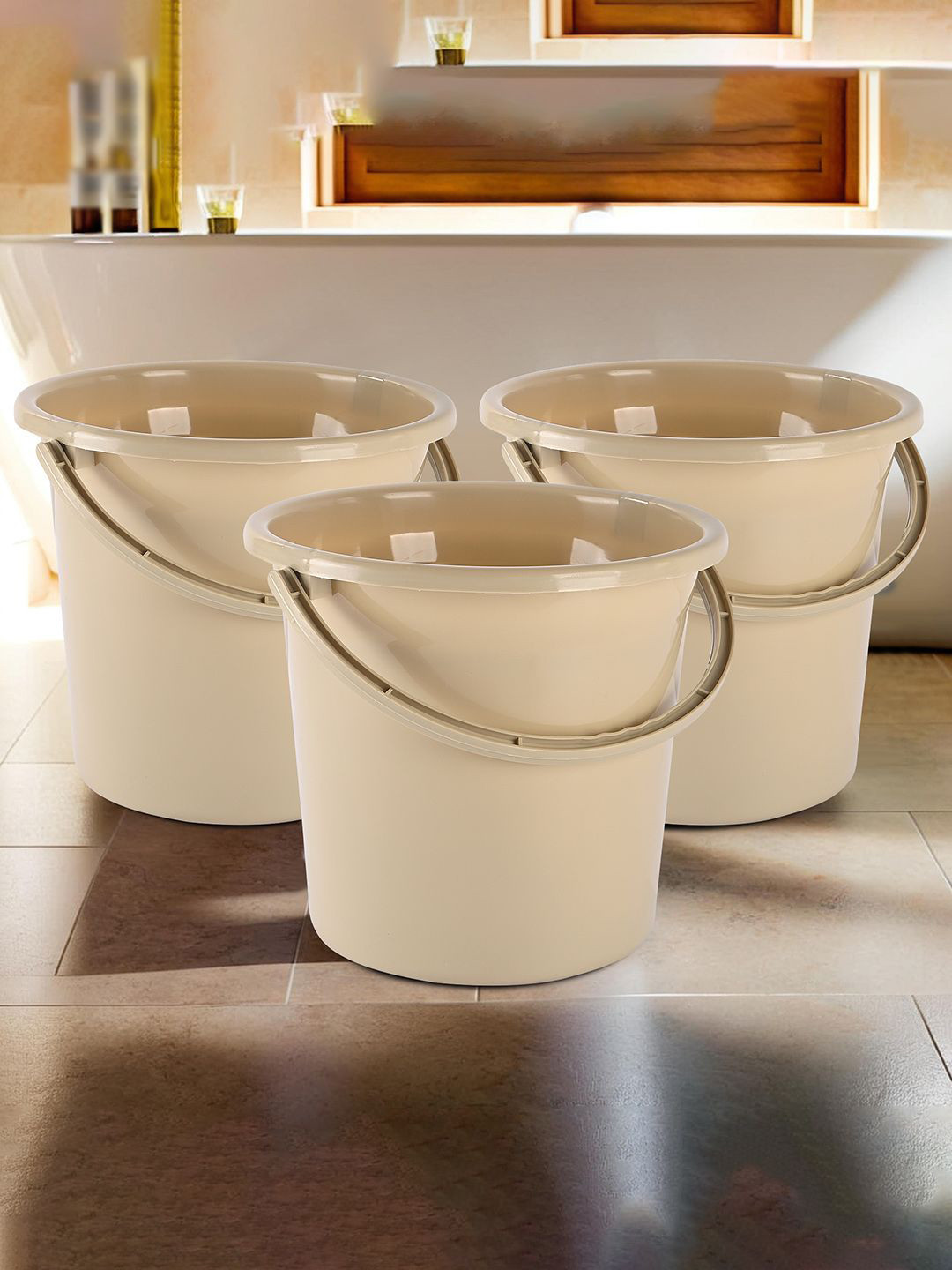 Kuber Industries Beige 3 Pieces Lightweight Buckets With Handles 18 L Each