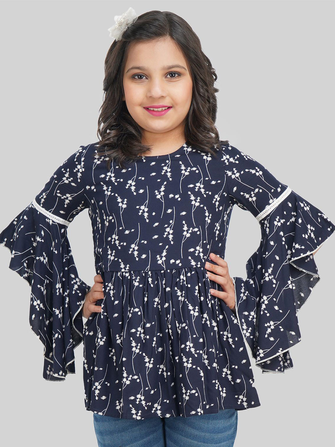 BEING NAUGHTY Girls Floral Printed Bell Sleeve Blouson Top
