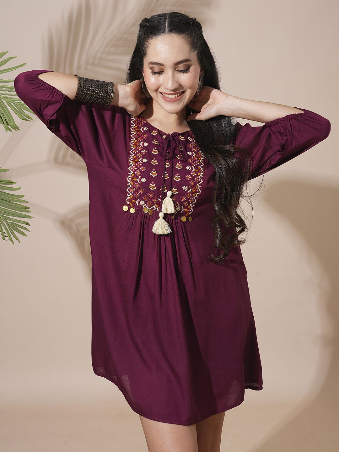 Globus Embroidered Yoke Tie-Up Detailing Bishop Sleeves A-Line Mini Workwear Dress
