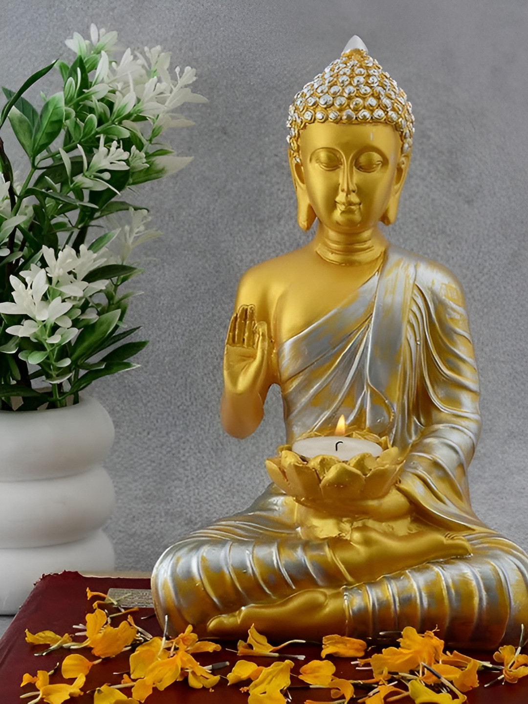 Zart Candal Buddha Gold Polyresin Natural Living Room Medium Showpiece - 10.5 Inches