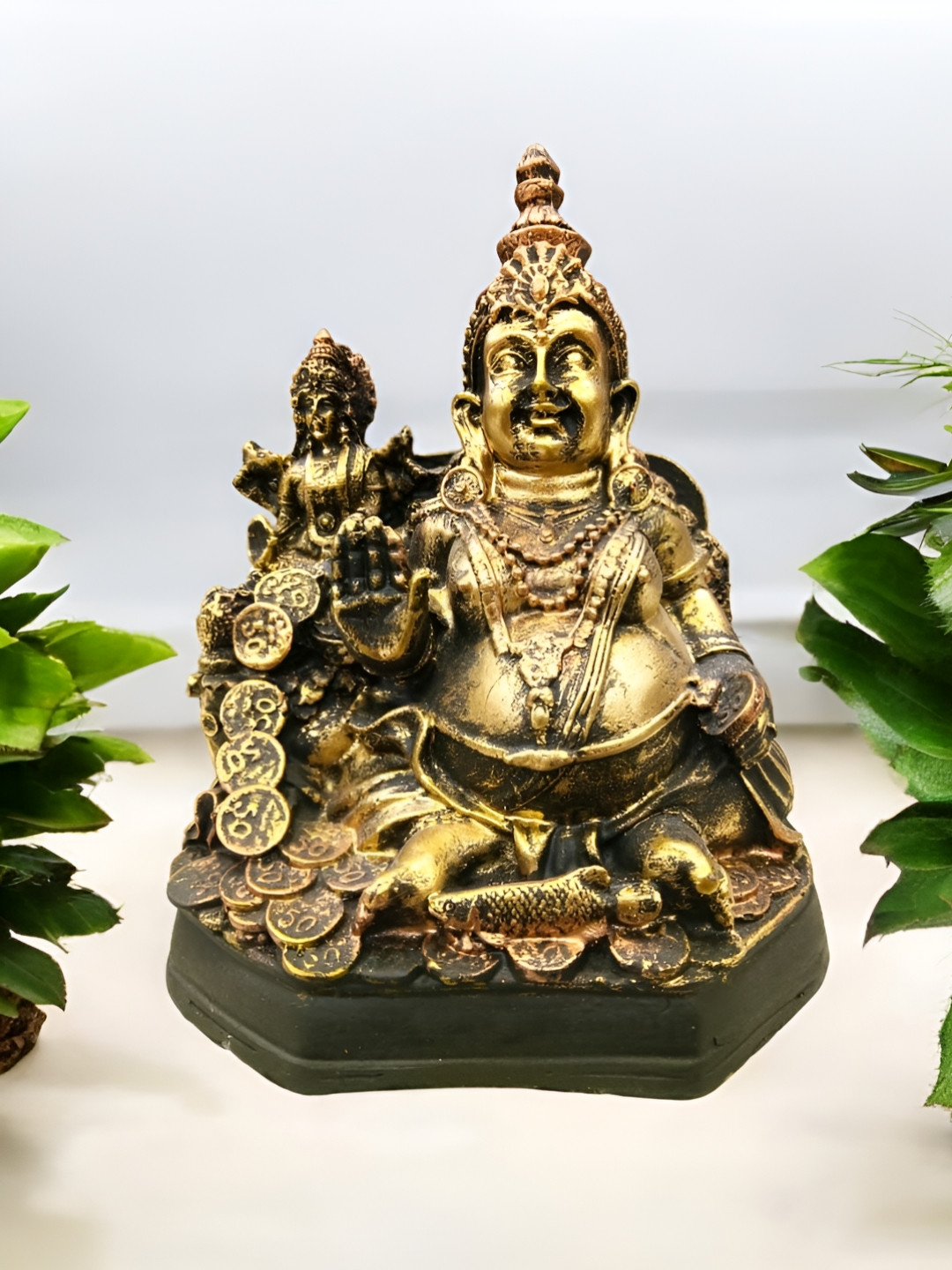 SANKALAN CREATIONS The God Of Money Kuber Ji,Sitting with Laxmi Ji Gold Polyresin Matte Prayer Room Medium Showpiece - 6.3 Inches