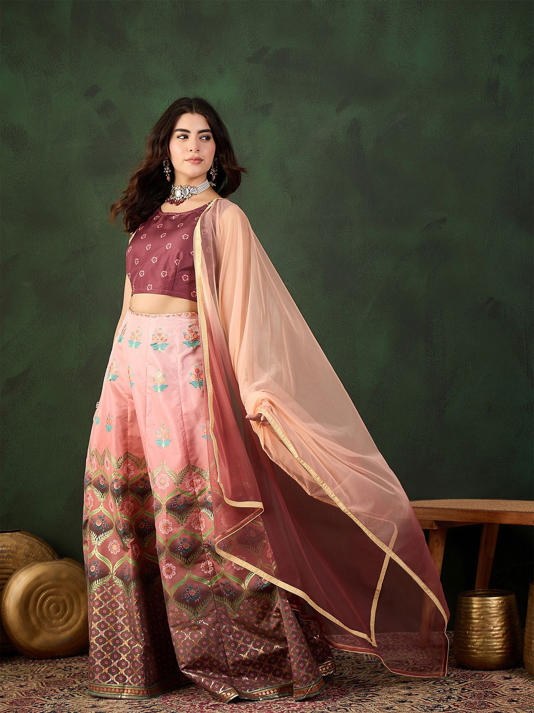Sangria Placement Printed & Woven Design Jacquard Lehenga With Choli & Dupatta