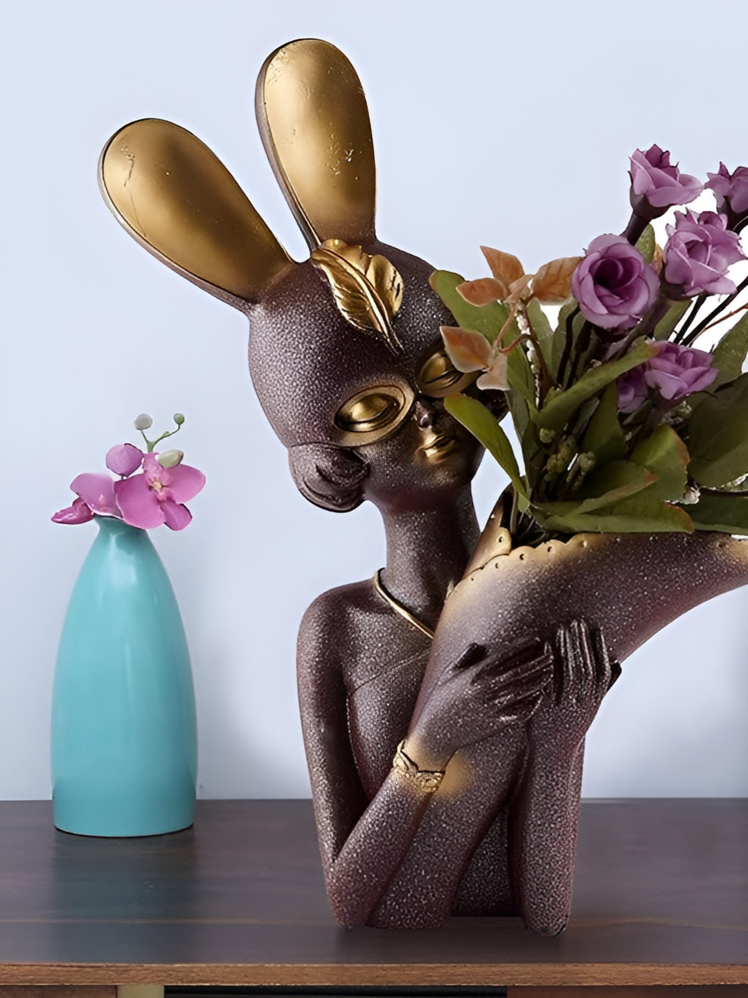 Zart Flower Girl Brown Polyresin Matte Living Room Medium Showpiece - 14 Inches