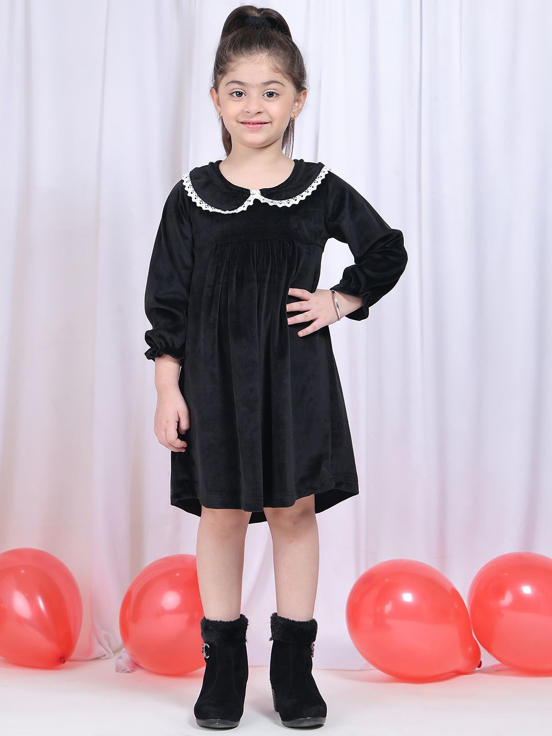NEUDIS Girls Peter Pan Collar Velvet A-Line Dress