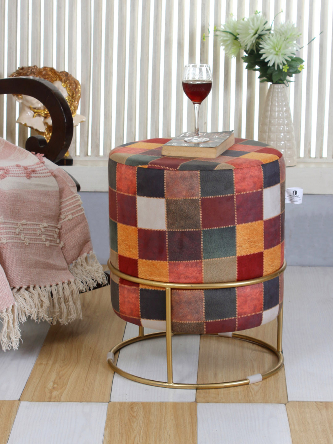 Shadowkart Maroon Abstract Wooden Pouffes Sitting Mudda Ottomans