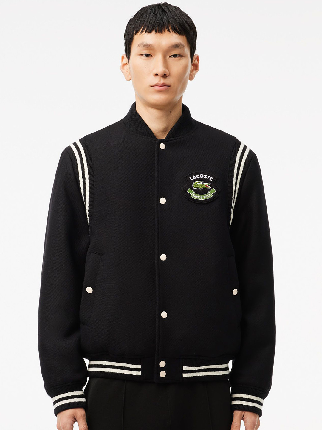 Lacoste Men Stand Collar Striped Woollen Casual Bomber Jacket