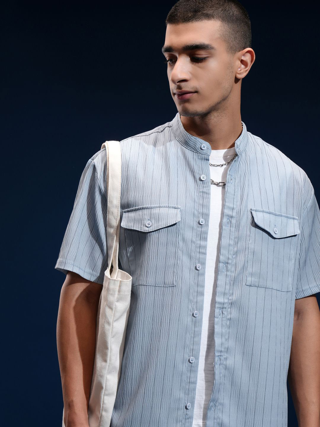 HIGHLANDER Men Popcorn Textured Striped Utility Pocket Mandarin Collar Relaxed Shirt